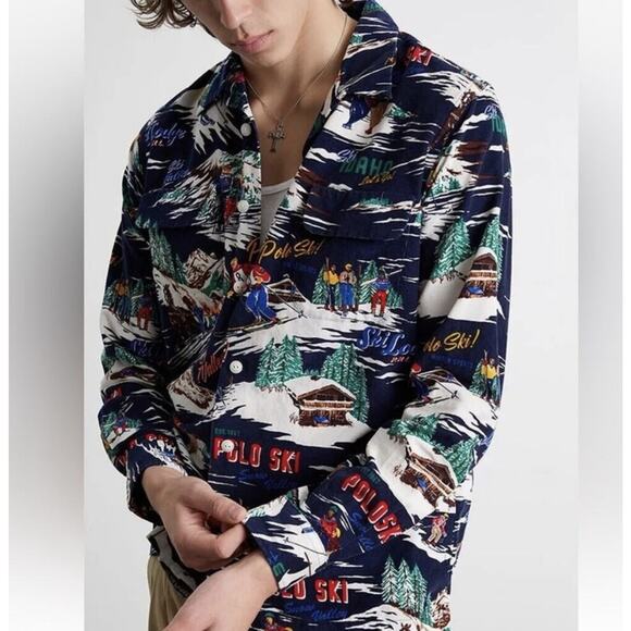 Ralph Lauren Polo Shirt Mens M Ski Lodge AOP Micro Corduroy Outdoors Gorpore - Picture 2 of 10